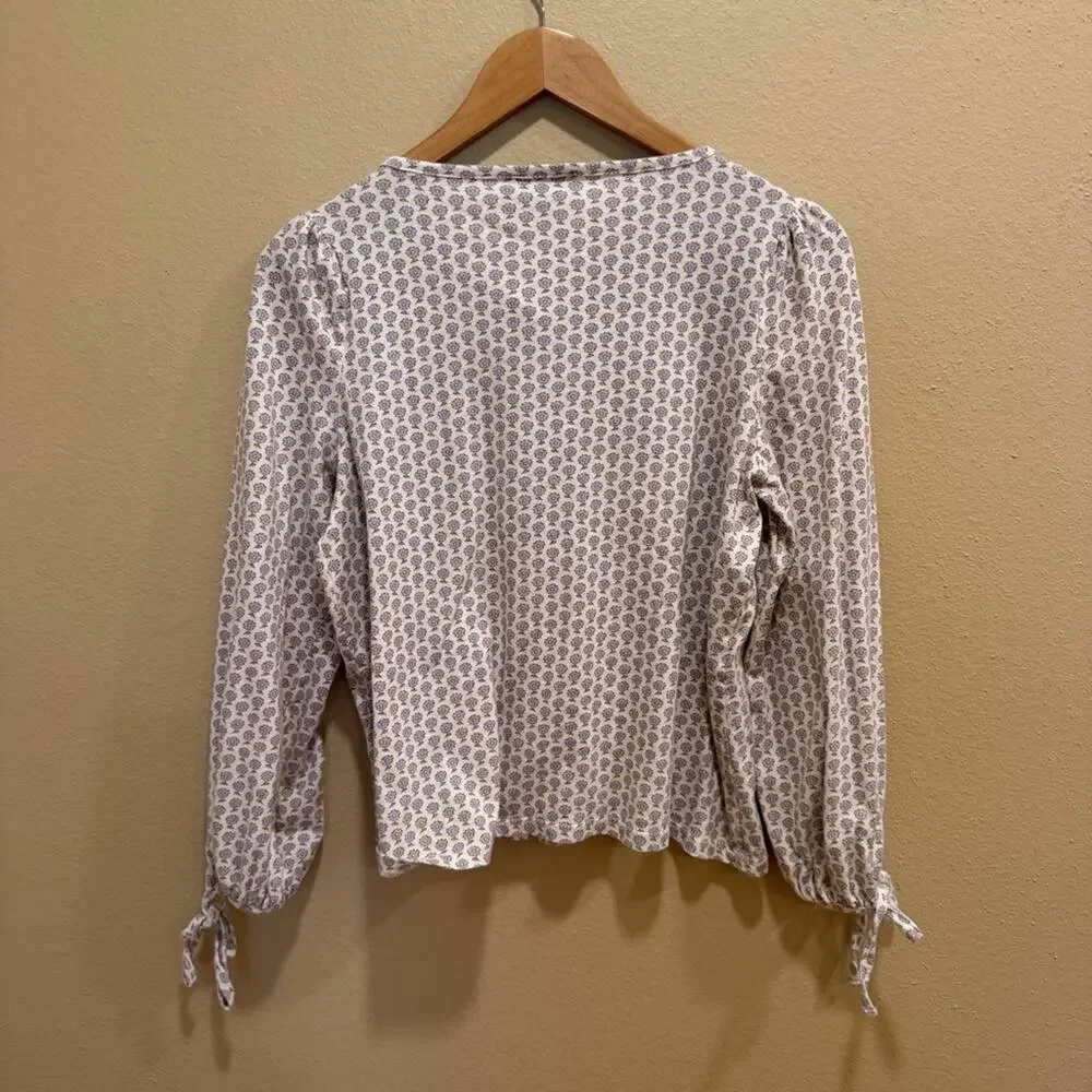 J. Crew White Purple Floral Cotton Tie Sleeve Blouse Tee Small